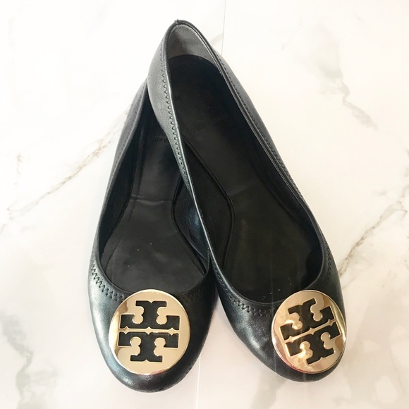 Tory Burch Shoes - Tory Burch Black Reva Flats Gold Logo 8.5